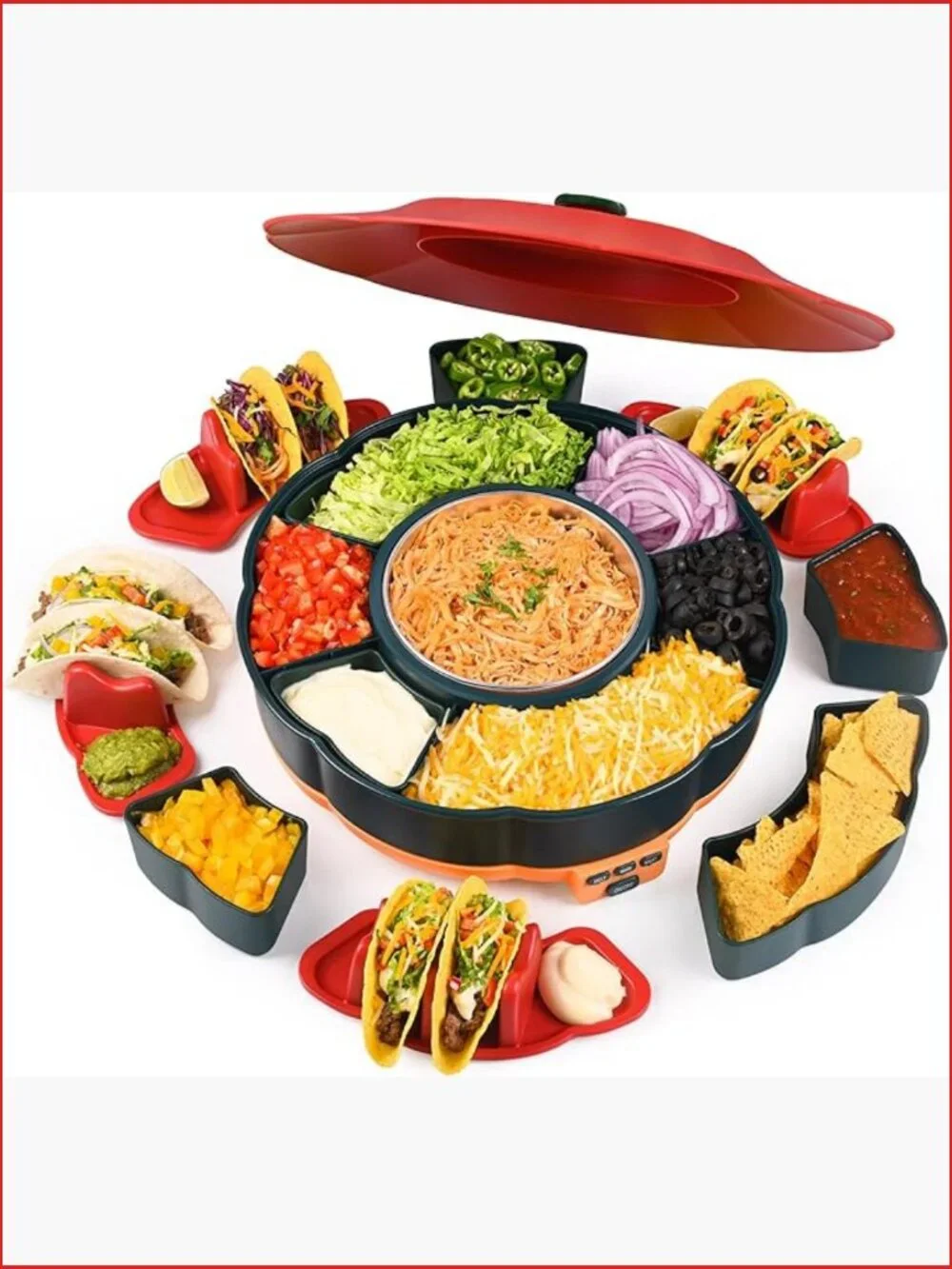 Taco Tuesday Kit with 3-Temp Heated Pot, 6 Trays & 4 Holders, Lazy Susan